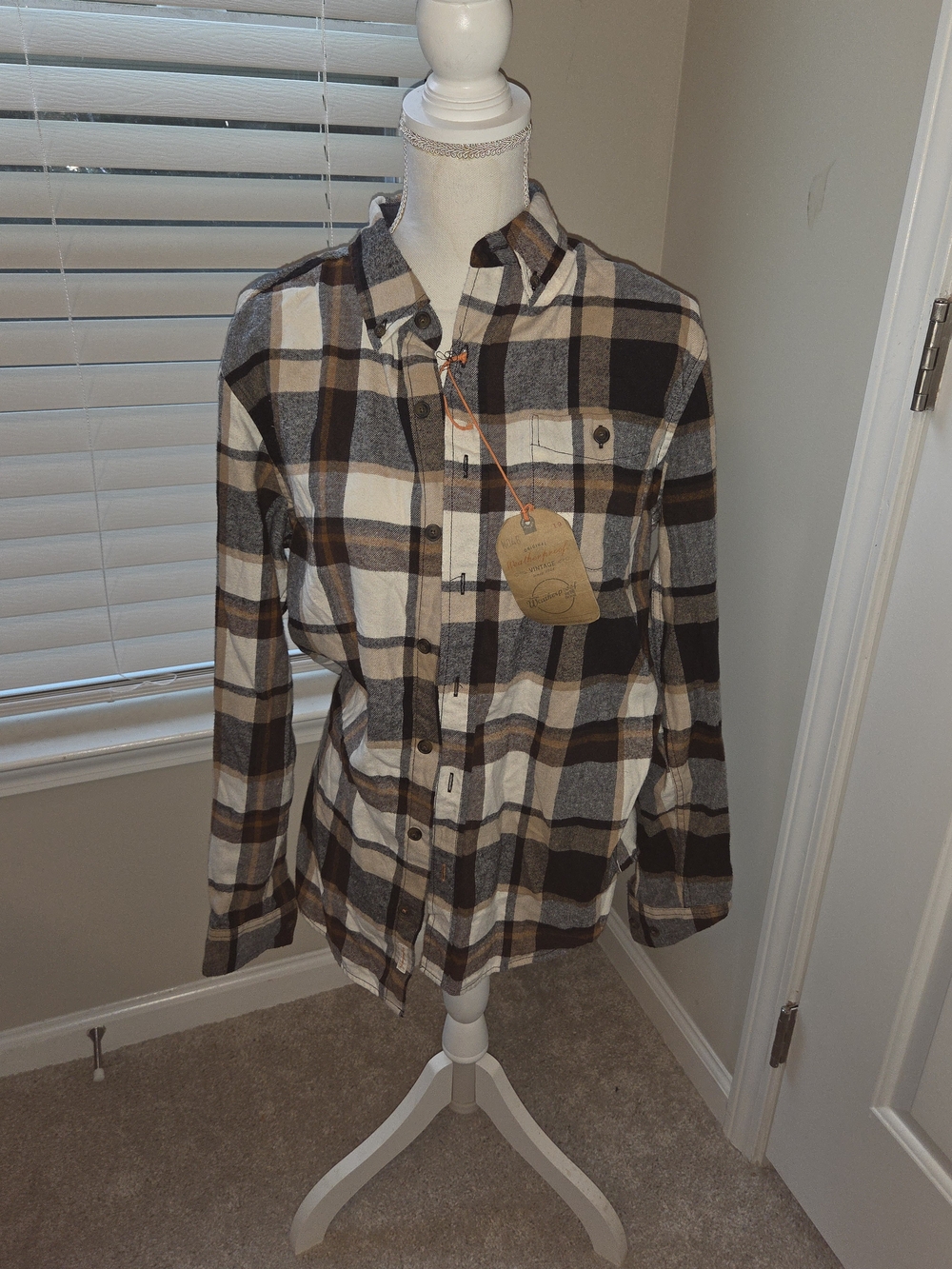 Weatherproof Men's Plaid Button-Down Shirt in Brown, Cream & Gray